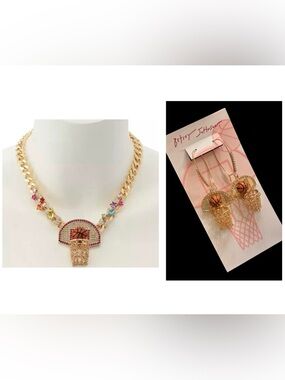 BETSEY JOHNSON SET Basketball Hoop Pendant Necklace & Matching Earrings NEW NWT